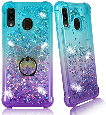 Zase Samsung A20 A30 Clear Case, Liquid Glitter Sparkle Bling Compatible with Galaxy A20 A30 6.4inch Cute Girls Women Protective Cover w/Phone Ring (Gradient Aqua Purple, Galaxy A20/A30)