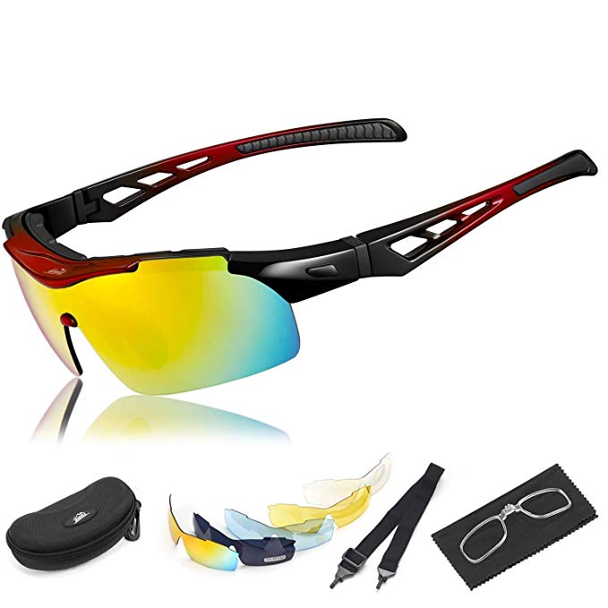 HiHiLL Polarized Sports Sunglasses for Men Women, Driving Sun Glasses with 5 Interchangeable Nylon Lens and Unbreakable PC Injection Frame with Rubber Mats for Cycling, Climbing, Sports, Driving