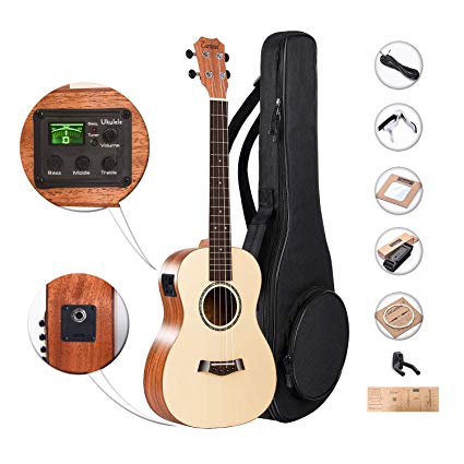 Caramel CB300 Solid Spruce Top & Mahogany Baritone Acoustic & Electric Ukulele with Truss Rod Aquila Strings, Padded Gig Bag, Strap and Wall hanger