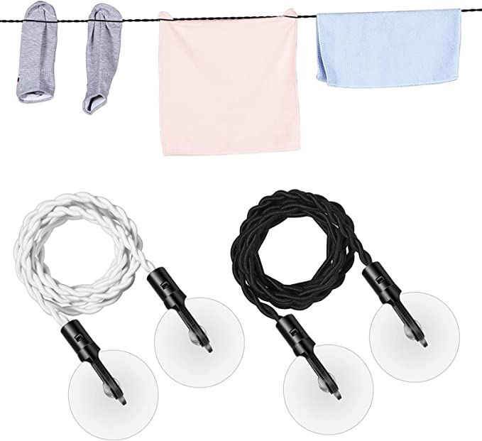 Boao 2 Pieces Travel Clothesline Portable Retractable Clothesline with Hooks and Suction Cups Camping Accessories Cruise Essentials for Outdoor and Indoor Use (Black, White)