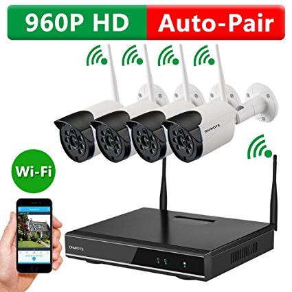 [960P HD Auto-Pair Wireless] ONWOTE Outdoor Wireless Home Security Camera System with 4 Night Vision 1.3 MP Wifi IP Surveillance Cameras and 4CH IP Camera NVR Recorder System with NO Hard Drive