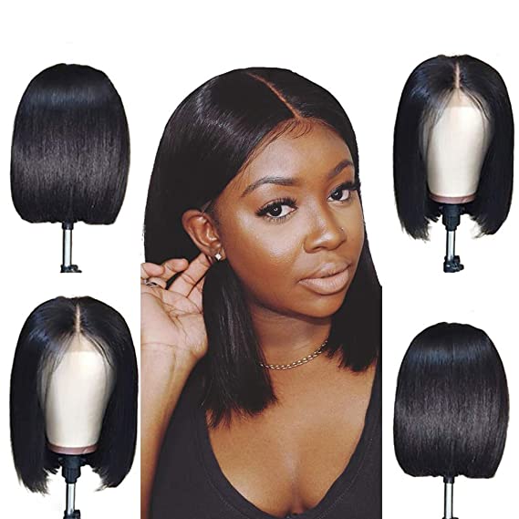 ISEE Hair Short Bob Wigs Human Hair Lace Closure Wigs Brazilian Virgin Human Hair Straight Bob Lace Front Wigs For Black Women Pre Plucked with Baby Hair Natural Black (14inch)