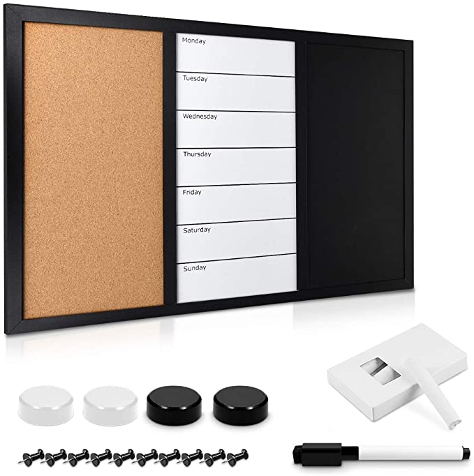 Navaris Combination Board Cork/Whiteboard/Chalkboard - 60 x 40 cm Magnetic Memo Notice Board with Frame - Includes Chalk, Push Pins, Marker, Magnets