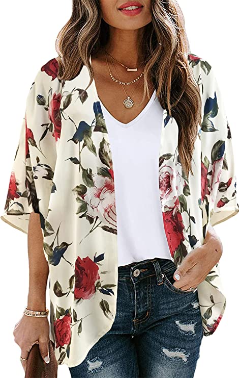 Women's Floral Print Puff Sleeve Kimono Cardigan Loose Cover Up Casual Blouse Tops