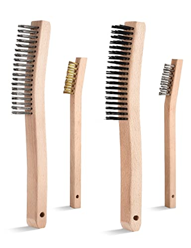 TILAX Wire Brushes for Cleaning Rust, 4-Pack Beech Wood 14" Long & 7" Short Carbon Steel, Stainless Steel & Brass Metal Brush, Welding Brush for Paint, Heavy & Light Household Cleaning