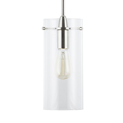Linea di Liara LL-P315-BN Effimero Large One-Light Stem Hung Pendant Lamp, Brushed Nickel with Clear Glass Cylinder
