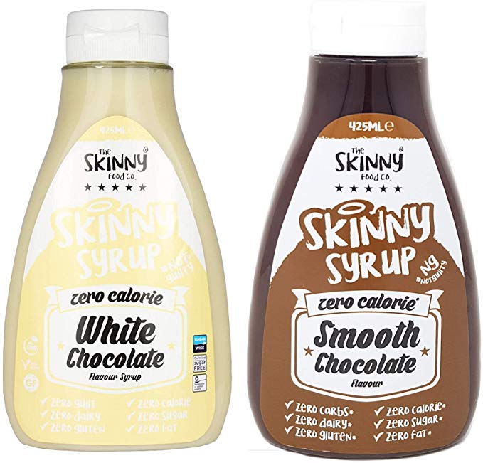 Skinny Foods Syrup Twin Pack SW White Chocolate & Smooth Chocolate Dessert Topping Sugar Free Zero Calories Guilt Free Sauce