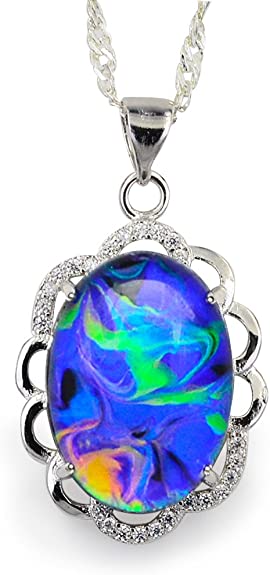 Fun Jewels Swirl Color Change Oval Crystal Stone Brass Flower Pendant Mood Necklace 18" Silver Chain