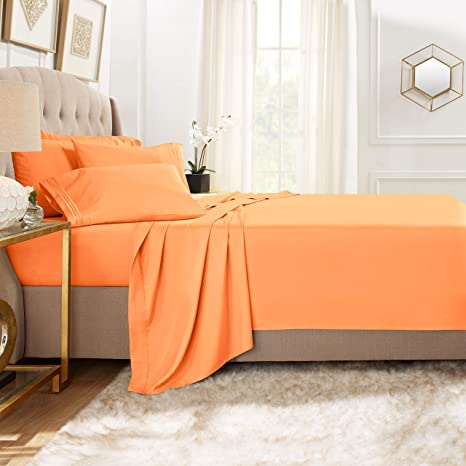 Clara Clark Premier 1800 Collection 6pc Bed Sheet Set with Extra Pillowcases - Queen, Apricot Orange