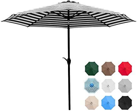 Greesum 9FT Patio Umbrella Outdoor Market Table Umbrella with Push Button Tilt, Crank and 8 Sturdy Ribs for Garden, Lawn,Backyard & Pool,Black and White