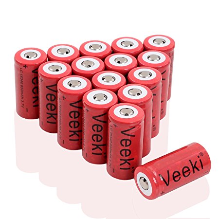 Rechargeable 16340 CR123A Battery, Veeki 16340 RCR123A 3.7V 650mAh Protected Li-ion 16340 Batteries for High Drain Device (16pc)