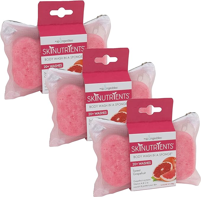 Spongeables Skinutrients Body Wash in a Sponge, Sweet Grapefruit, With Bonus Travel Bag, 20  Washes, Pack of 3