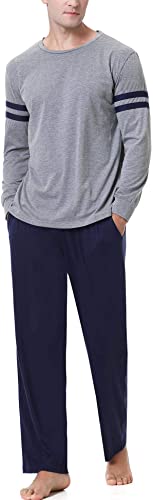 Aibrou Mens Pajama Set Plaid Long Sleeve Top & Pants Cotton Pjs Sets Sleepwear