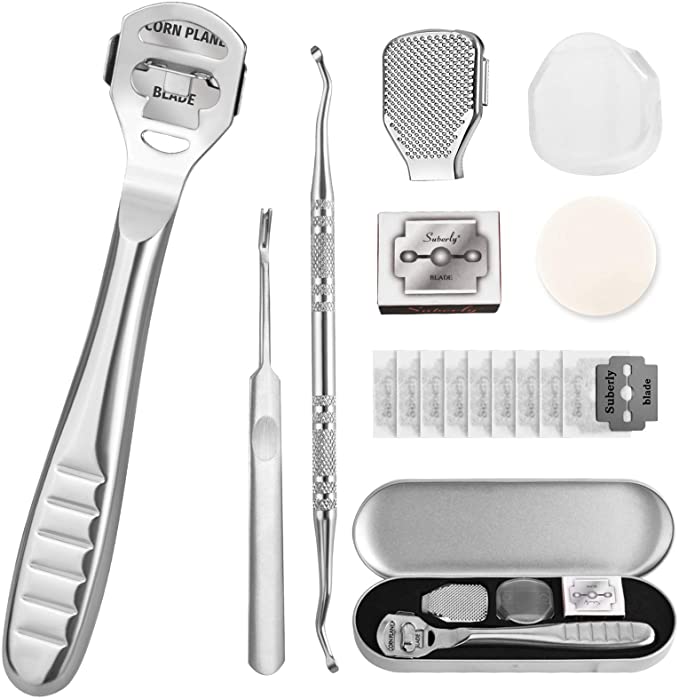 Foot Scraper, Hard Skin Callus Remover Foot Shaver Foot File Pedicure Feet Care Set with 10pcs Blade, Foot File Head, Dead Skin Fork, Toenails Lifter and Storage Case (16Pcs in Total)