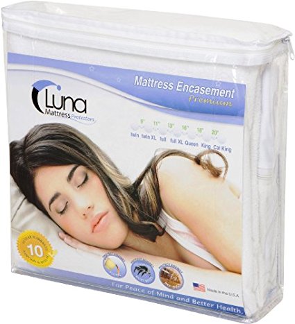 Luna Premium Hypoallergenic Zippered Bed Bug Proof Mattress Encasement 13" Height - Queen Size - Made In The USA