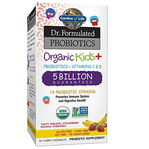 Garden of Life-Dr. Formulated Probiotics Organic Kids-Strawberry Banana-Acidophilus and Probiotic Promotes Immune System,Digestive Health-Gluten,Dairy,Soy-Free,No Sugar Added-30 Chewables-Shipped Cold