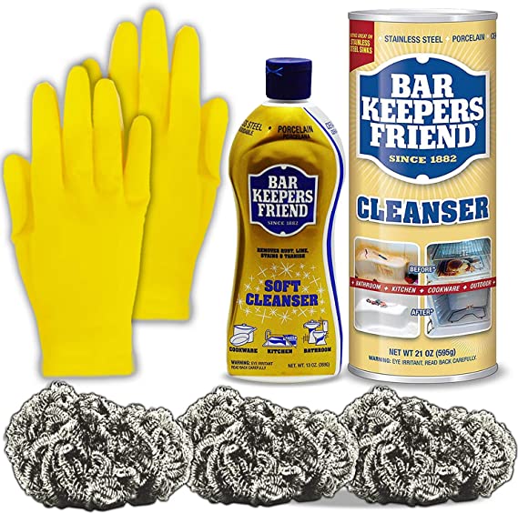 Bar Keepers Friend Cleaner Pack Kit: Bartenders Powdered Stainless Steel Cleanser, Bar Tenders Friend Best Soft Cleanser, 3 Steel Wool Scrubber Pads, 1 Pair Thick Rubber Dishwashing Cleaning Gloves