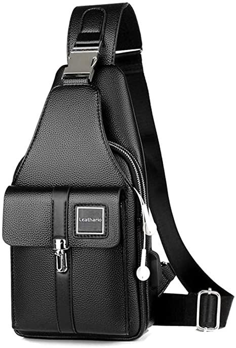Leathario Men leather Sling Bag Chest Bag Shoulder Bag Crossbody Casual Bag Pack Multipurpose (Black-265)
