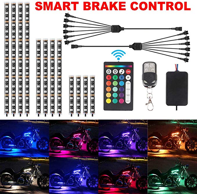 12Pcs Motorcycle LED Light Kit Strips,TACHICO Multi-Color Accent Glow Neon Ground Effect Atmosphere Smart Brake control Lamp with Wireless RF Remote Controller for Harley Davidson Honda Suzuki