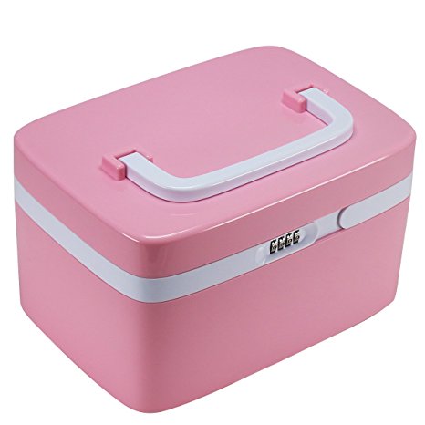 Combination Lock Storage Box, EVERTOP Multi-function Storage Bins with Compartments and Removable Dividers for Cosmetics, Makeup Brushes, CD, Essential Oils, Arts Crafts, Medical Supplies (Pink)