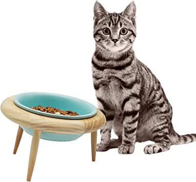 Ceramic Dog Bowl with Stand，Adjustable Elevated Raised Round Dog Cat Bowl Tilted Elevated Pet Bowl Pet Food Water Feeder (3 Installation Methods Suit Pets of All Stages ) Blue (Small)