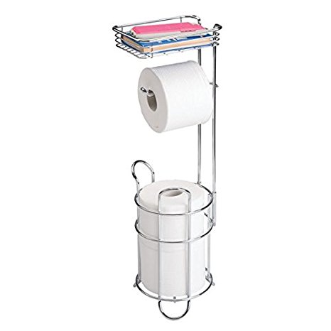 mDesign Toilet Paper Dispenser and Reserve with Storage Shelf for Bathroom Storage - Chrome