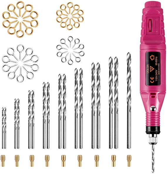 Uolor Electric Corded Hand Drill Kit, Electrical Pin Vise Set with 17Pcs Drill Bits 10Pcs Collet and 200Pcs Screw Eye Pin for Wood Resin Plastic Polymer Clay Keychain Pendant Earring Jewelry Making