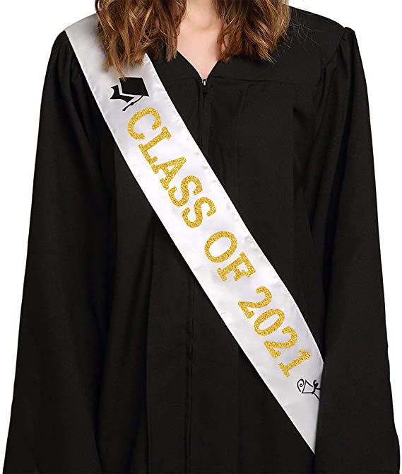 White “Class of 2021” Graduation Sash | Gold Glitter Letter Graduate Satin Sash | Funny Graduation Gifts for Boy or Girl| 2021 Graduation Celebration Party Supplies