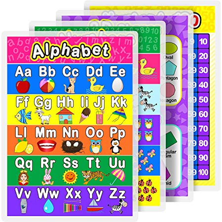 Laminated Preschool Poster for Toddlers and Kid, 4 Pieces Full Laminated Posters Alphabet, Number 1-10, Number 1-100 and 2D/3D Shapers for Nursery Homeschool Kindergarten Classroom, 16.9 x 11.9 Inch