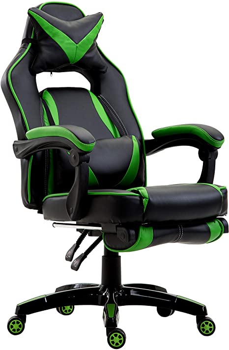 Cherry Tree Furniture CTF High Back Recliner Racing Style Gaming Swivel Chair with Footrest & Adjustable Lumbar & Head Cushion (Black & Green)