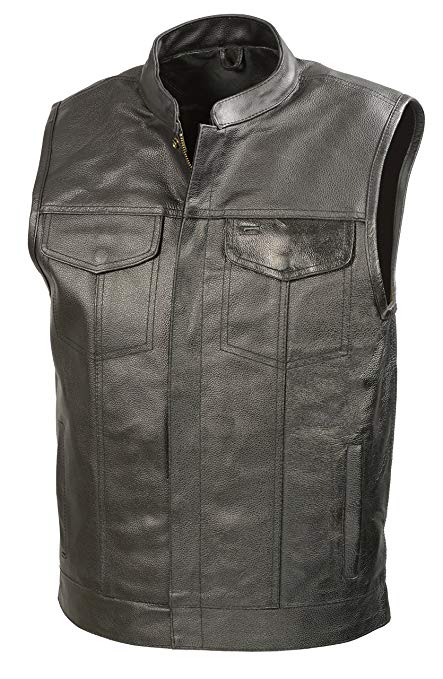 SOA Mens Leather Club Style Vest W/Gun Pockets, Leather Biker Vest (Black, 4X)
