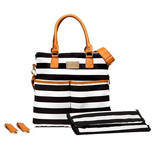 Chanasya Stripe Print With Brown Tan Leather Medium Size Tote Designer Stylish Modern Functional Quality Cute Baby Diaper Bag, Changing Pad and Stroller Starp-White and Black Stripe