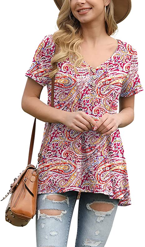 AWULIFFAN Womens Summer Short Sleeve Tunic Tops Loose Fit Casual T-Shirt Button Up Blouses