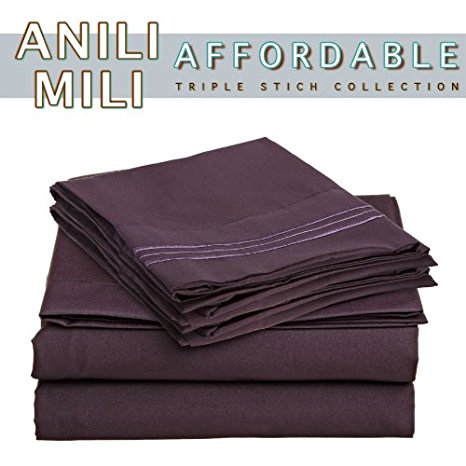 Anili Mili's Triple Stitch Embroidery Affordable 3 PC Bed Sheet Set - Twin Size, Eggplant