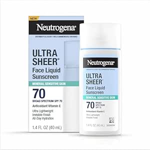 Neutrogena Ultra Sheer Face Liquid Mineral Sunscreen, Lightweight, Broad Spectrum SPF 70 Facial Sunscreen for Sensitive Skin Leaves a Silky, Non-Greasy Finish, Oxybenzone-Free, 1.4 fl. oz