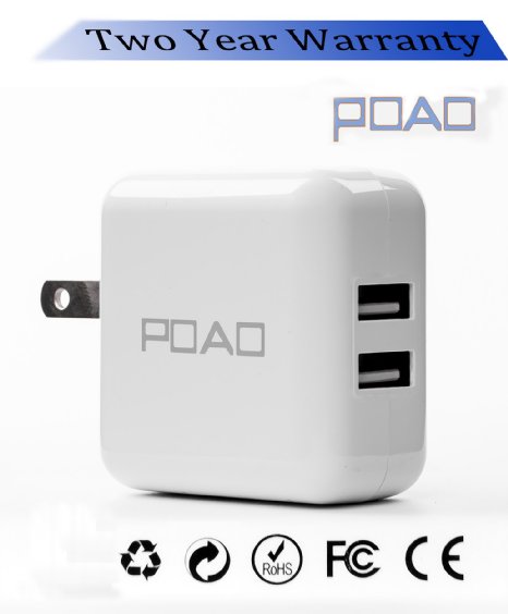 POAO 5V 21A AC Power Adapter Dual USB Travel Wall Charger with SmartID Technology Foldable Plug for iPhone iPad Samsung Galaxy HTC Nexus Moto Blackberry Bluetooth Speaker Headset and Power Bank