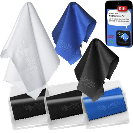 6-pack Microfiber Cleaning Cloth  Microfibre Sticker Best Cleaner for iPhones Tablets Glasses Lenses Laptops LCD TVs Computer and more 1 Large and 5 Medium  Vinyl Pouches by Clean Screen Wizard
