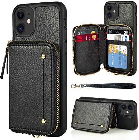 LAMEEKU Wallet Case for iPhone 11, Zipper Leather Card Holder Case with Credit Card Slot Wrist Strap, Anti-Scratch Shock Absorption Cover Case for iPhone 11 6.1 inch 2019 - Black