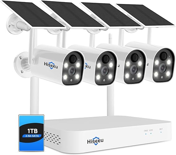 Hiseeu Solar Powered Wireless Security Camera System Outdoor, 10CH 2K NVR, AI Human Detection, 2-Way Audio, 4MP Security Solar Battery Cameras with Color Night Vision, IP66 Waterproof, 1TB HDD