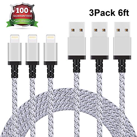 Xcords iPhone Charger 3Pack 6FT Nylon Braided 8Pin Lightning Cable Charging Cord Compatible with iPhone X/8/8 Plus/7/7 Plus/6/6S Plus/5S/5C/5, iPad iPod and More