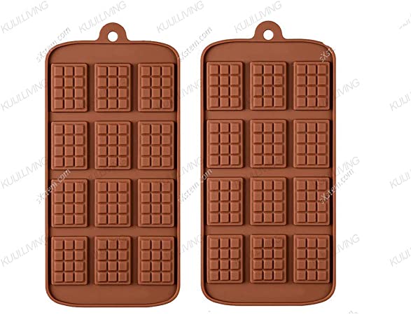 Non-Stick 12 Cavity Silicone Chocolate Molds - 3D Home DIY Mini Rectangle Waffle Candy Maker BPA Free Baking Mould Ice Cube Trays Mini Fondant Sugarcraft Durable Tool (#A)