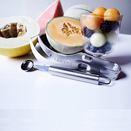 PURE UTENSILS Watermelon Slicer / Melon Baller - Heavy Gauge Stainless Steel - Best for excellent Balance Control Strength and Style Core and Slice Effortlessly and Serve Perfectly, gift RECIPE Ebook!