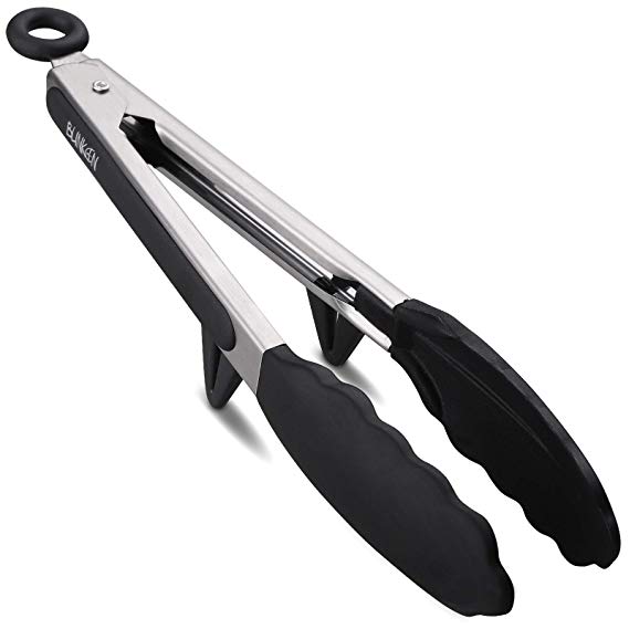 Kitchen Tongs with Silicone Tips for Cooking,Barbecue,BBQ Grill,Picking Bread,Salad.High Heat Resistant to 480°F(9 Inch, BLACK)