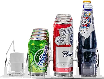 Drink Organizer for Fridge, Self-Pushing Soda Can Organizer for Counter Refrigerator, Width Adjustable Pusher Glide, White, 12”depth-4rows