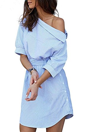 Shele Women's Casual Off Shoulder Striped Ruffles Strapless Short Dresses Mini Dresses