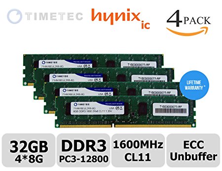 Timetec 32GB KIT (4x8GB) Module Dual Rank PC3-12800 DDR3-1600(CL11) 2Rx8 240-Pin 1.35V Unbuffer DIMM ECC Server Workstation Memory Upgrade (p/n 71HN16EUL2R8-8G)