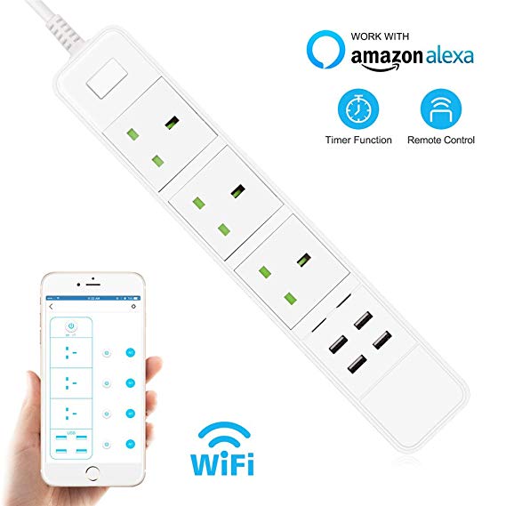 Intelligent Extension Lead(Compatible with Alexa), VIFLYKOO Wireless App-controlled Timer Function Smart Power Strip with 3 Sockets and 4 USB Ports, Built in Surge Protector