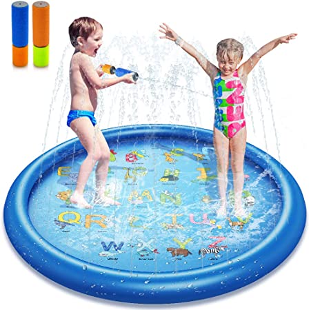 Splash Pad & Sprinkler with 2 Water Guns for Kids Toddlers - 68’’ Outdoor Inflatable Play Water Mat / Swimming Pool for Wading and Learning, Summer Outside Toys for Boys Girls Babies… (Blue Round)