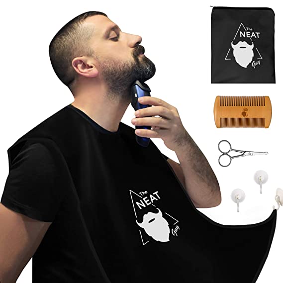 The Neat Guy 5-PIECE Beard Catcher Kit with Beard Apron/Bib for Mess-Free Shaving   Comb   Scissor   Bag, All you Need for a Good, Clean Shave, The Perfect Present for Valentine's Day (Black)