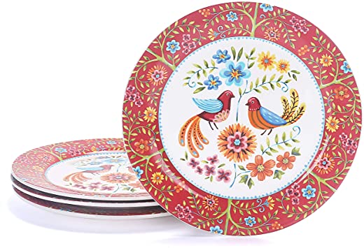Bico Red Spring Bird Ceramic Dinner Plates Set of 4, 11 inch, for Pasta, Salad, Maincourse, Microwave & Dishwasher Safe